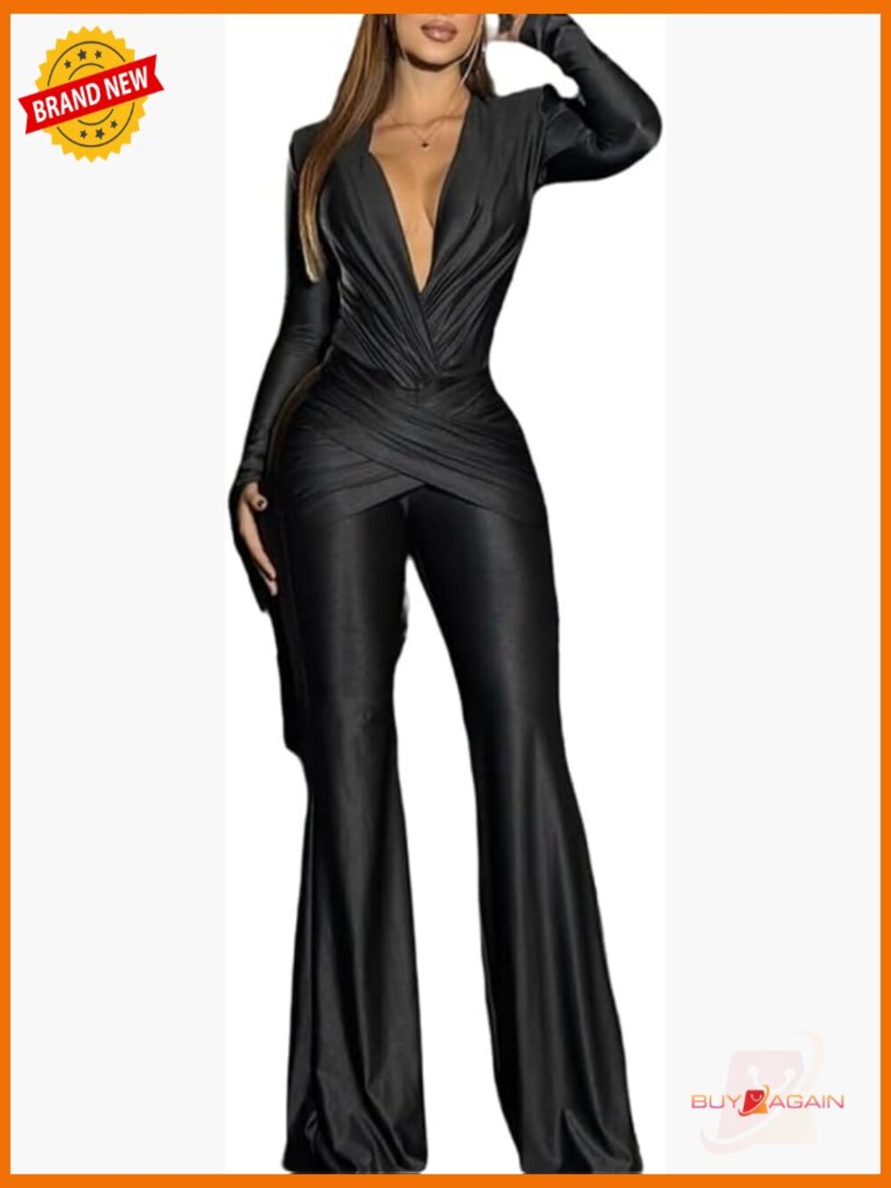 Deep V Neck Long Sleeve Jumpsuit with Cross Ruched Waist Flare Pants